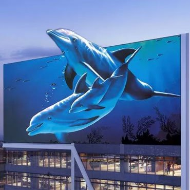 Outdoor 3D LED display on a building corner