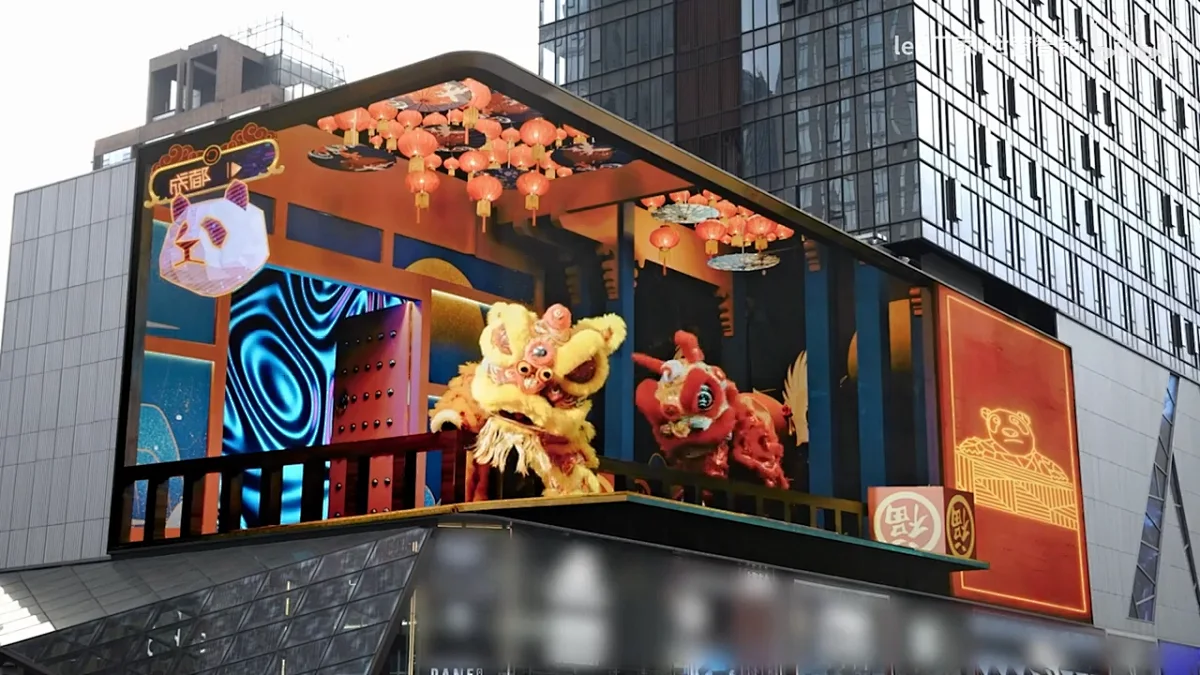 Large naked-eye 3D LED billboard wrapped around a commercial building corner
