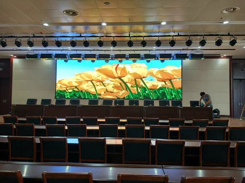 Indoor LED display installed behind a conference hall stage