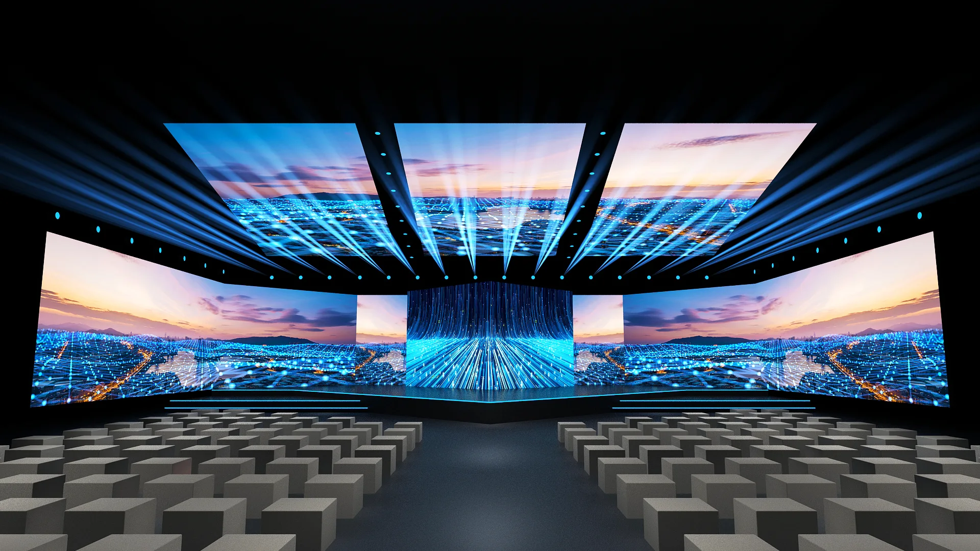 Wide LED display across a professional conference auditorium
