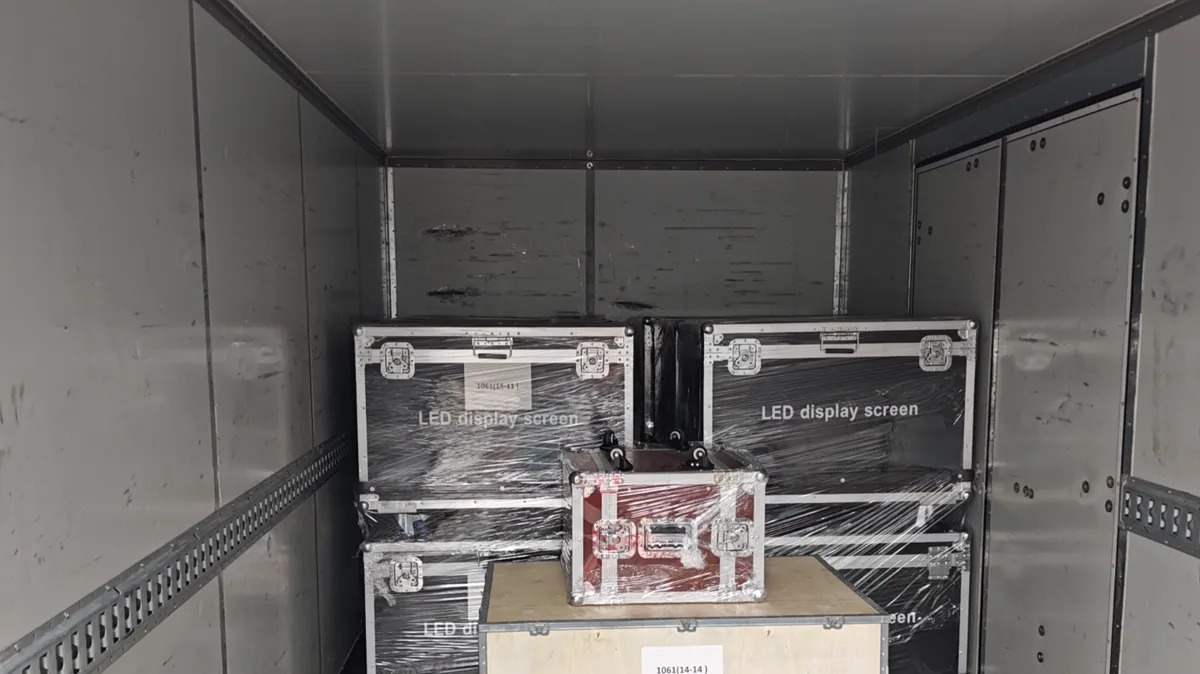 Packed LED display flight cases prepared for delivery