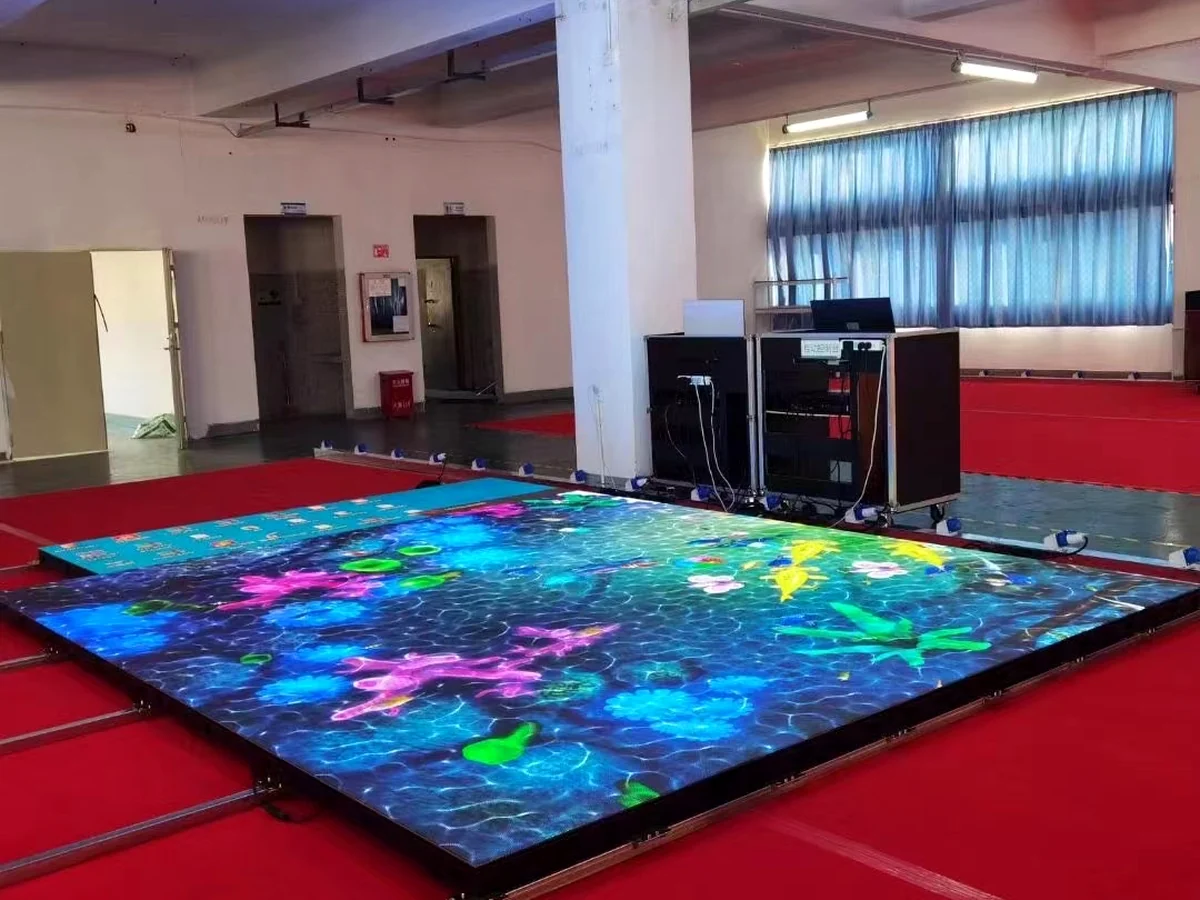 Assembled square LED floor display in a product demonstration area