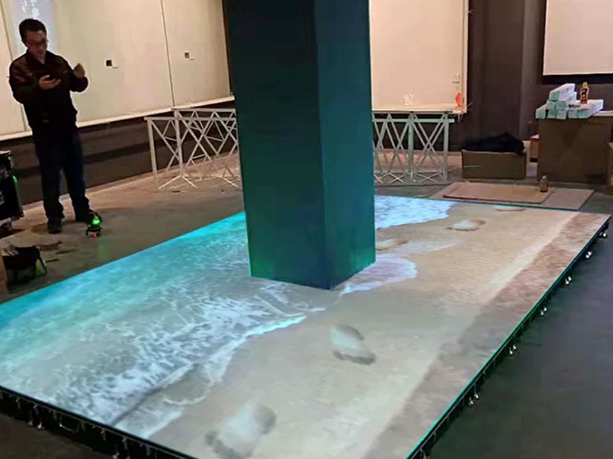 Interactive LED floor installed around an architectural column