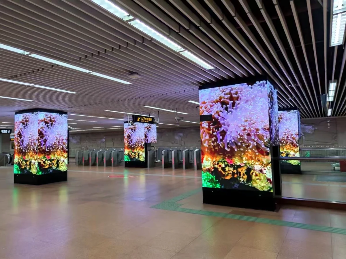 Creative LED columns in a public interior