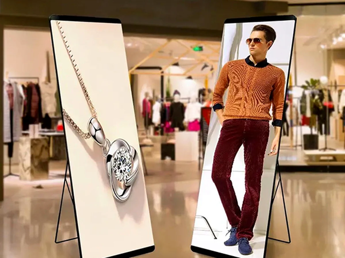 Freestanding LED poster displays in a shopping environment