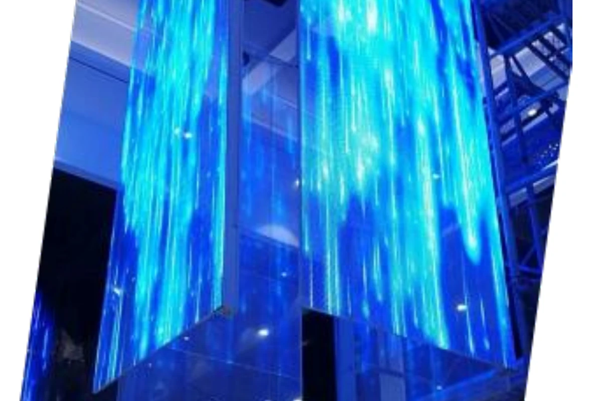 Digital exhibition hall using large transparent LED display surfaces