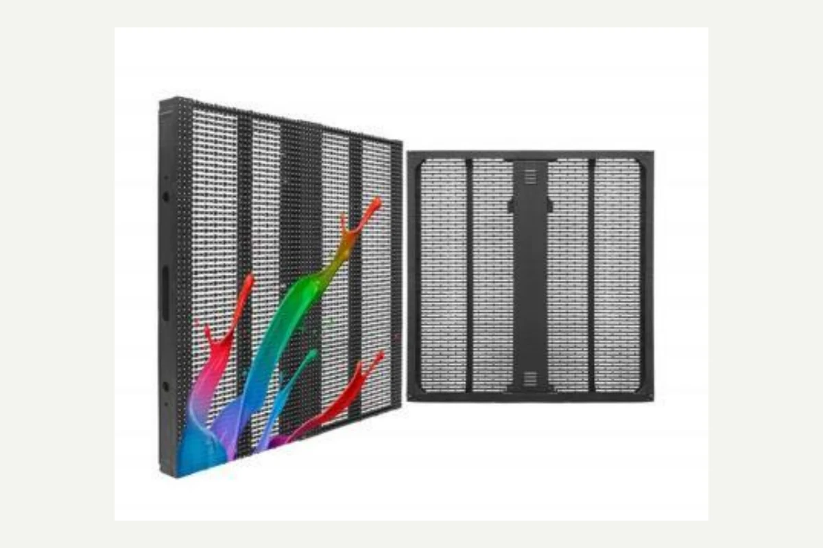 Outdoor transparent grille LED display shown from the front and rear