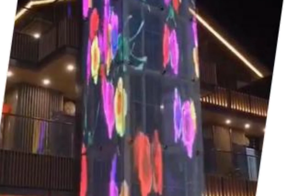 Panoramic-elevator transparent display used as an architectural configuration reference
