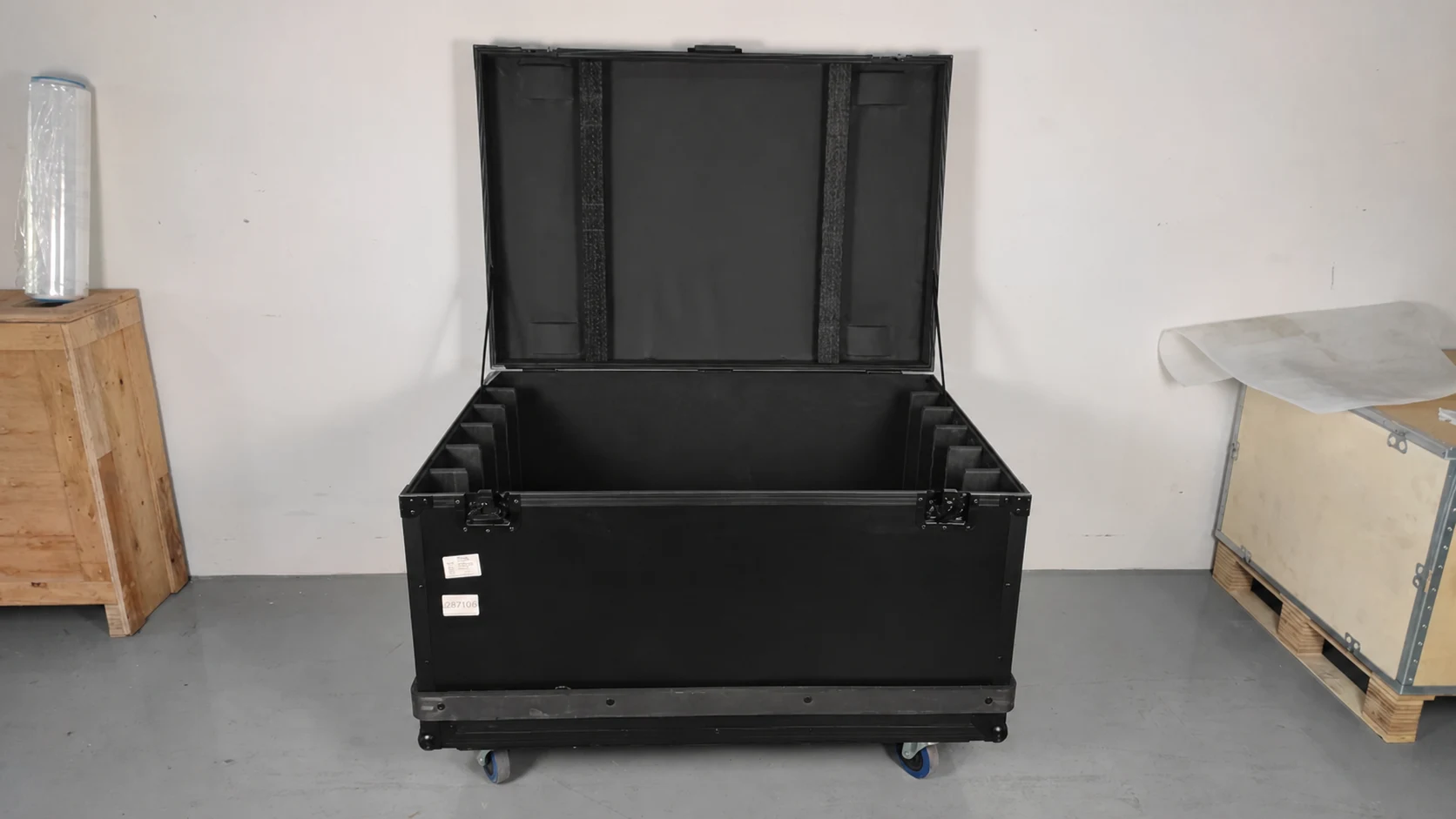 Open LED display flight case showing internal space