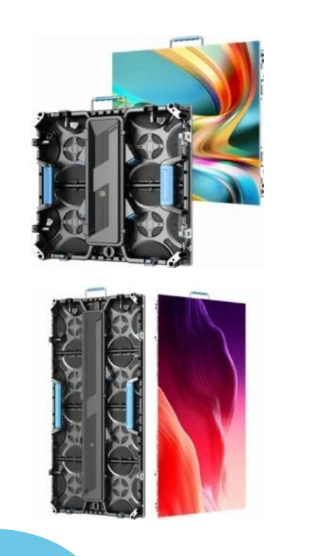 Front and rear views of indoor rental LED cabinets in two sizes