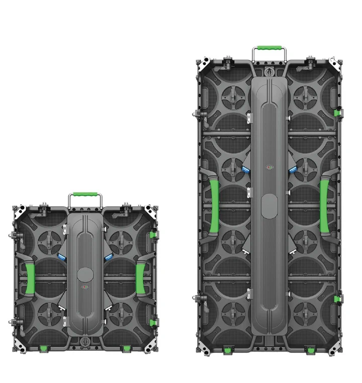 Rear view of 500 by 500 and 500 by 1000 millimeter rental LED cabinets