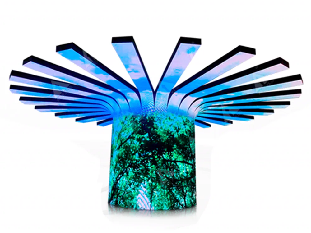 Radial flexible LED display feature with curved blades