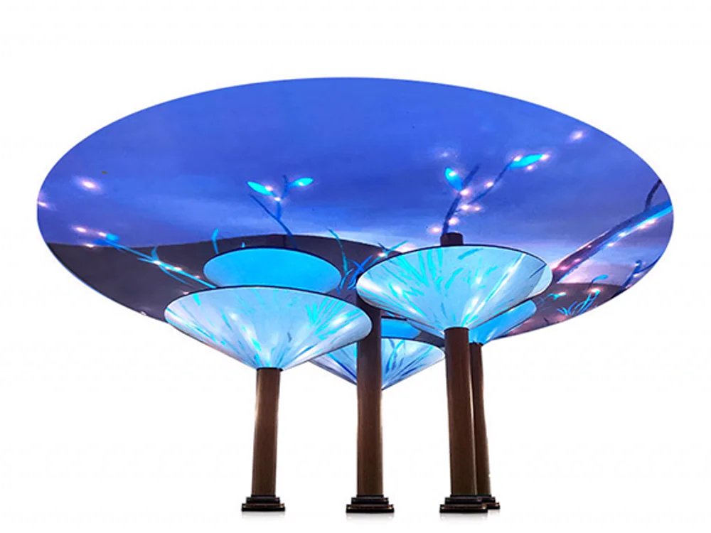 Circular flexible LED display installed as an overhead ring