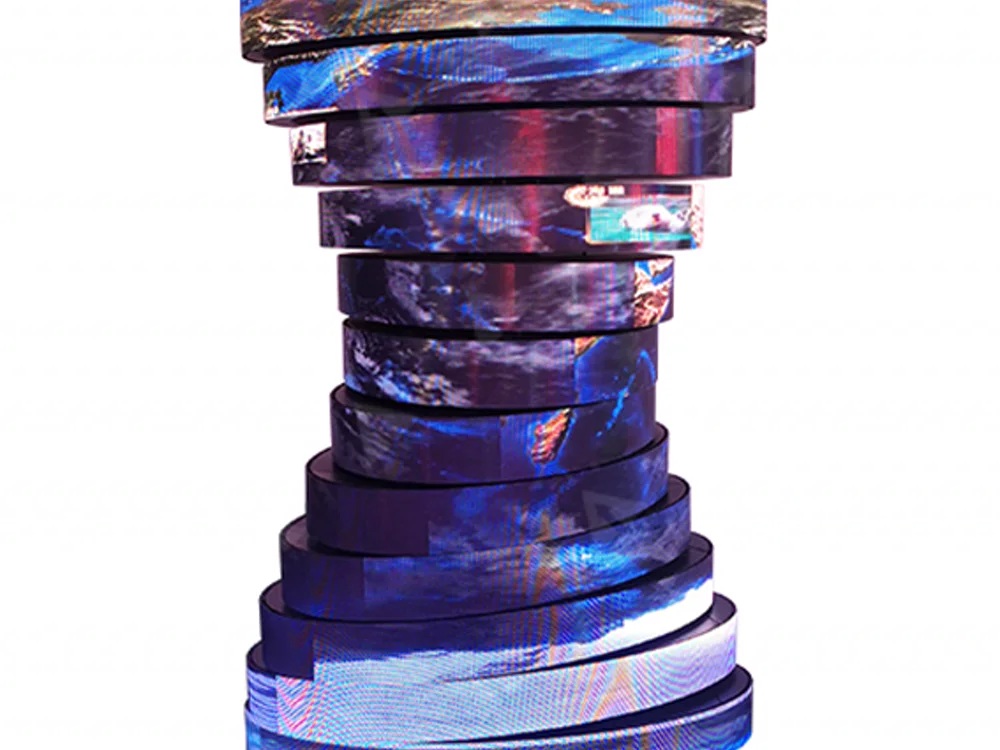 Flexible LED display wrapped around a tapered column structure