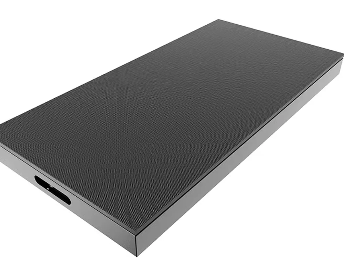 Close view of the protective PC mask on an LED floor display panel