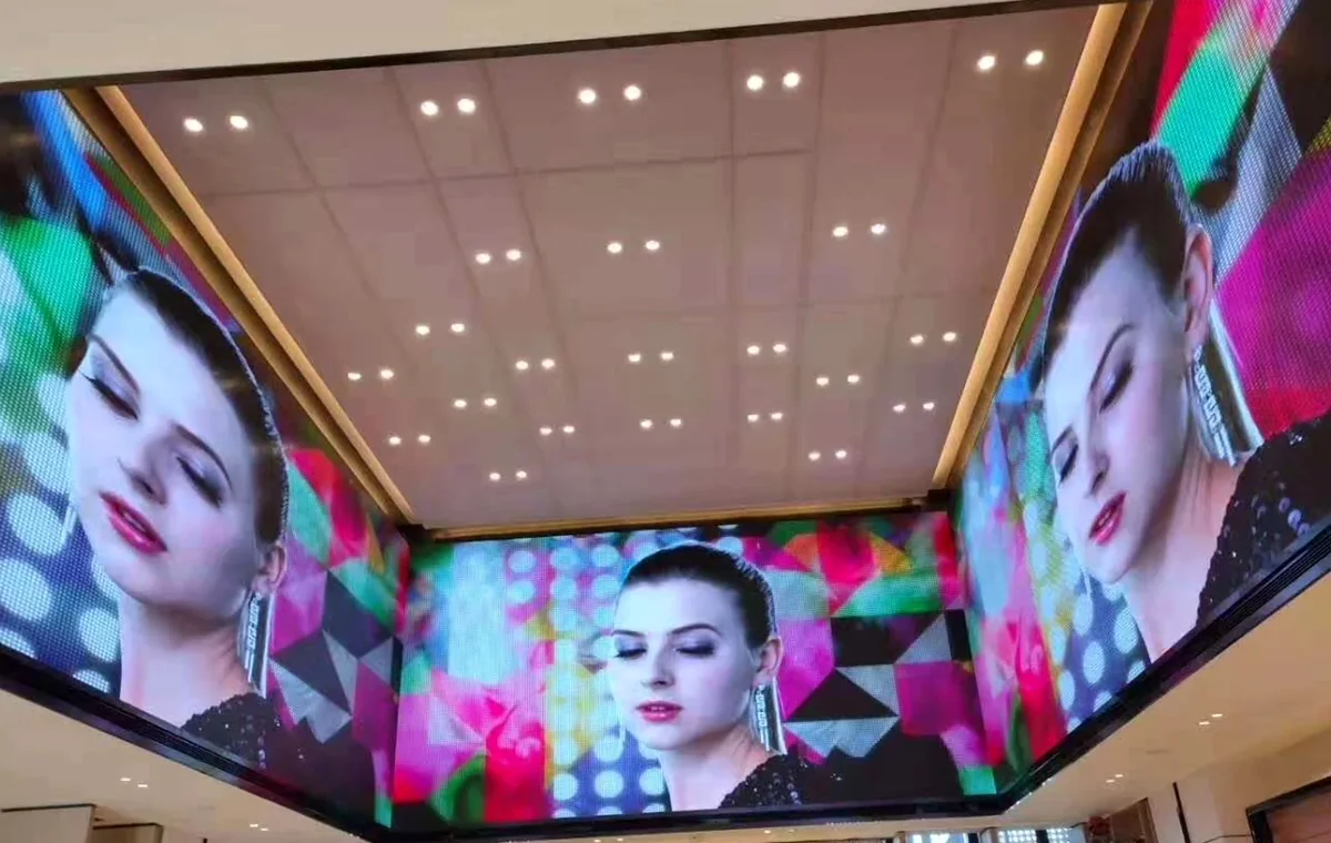 Creative LED display wrapping multiple walls in a commercial interior