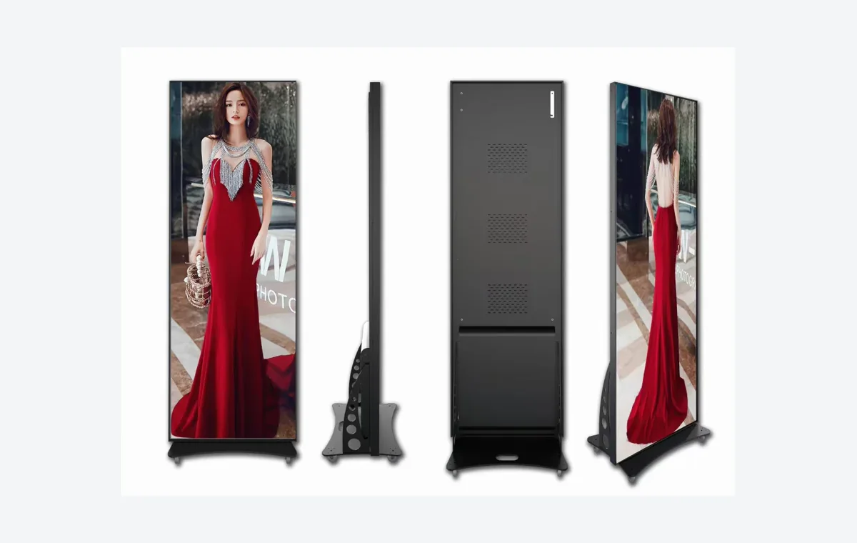 Freestanding LED poster display shown from multiple angles