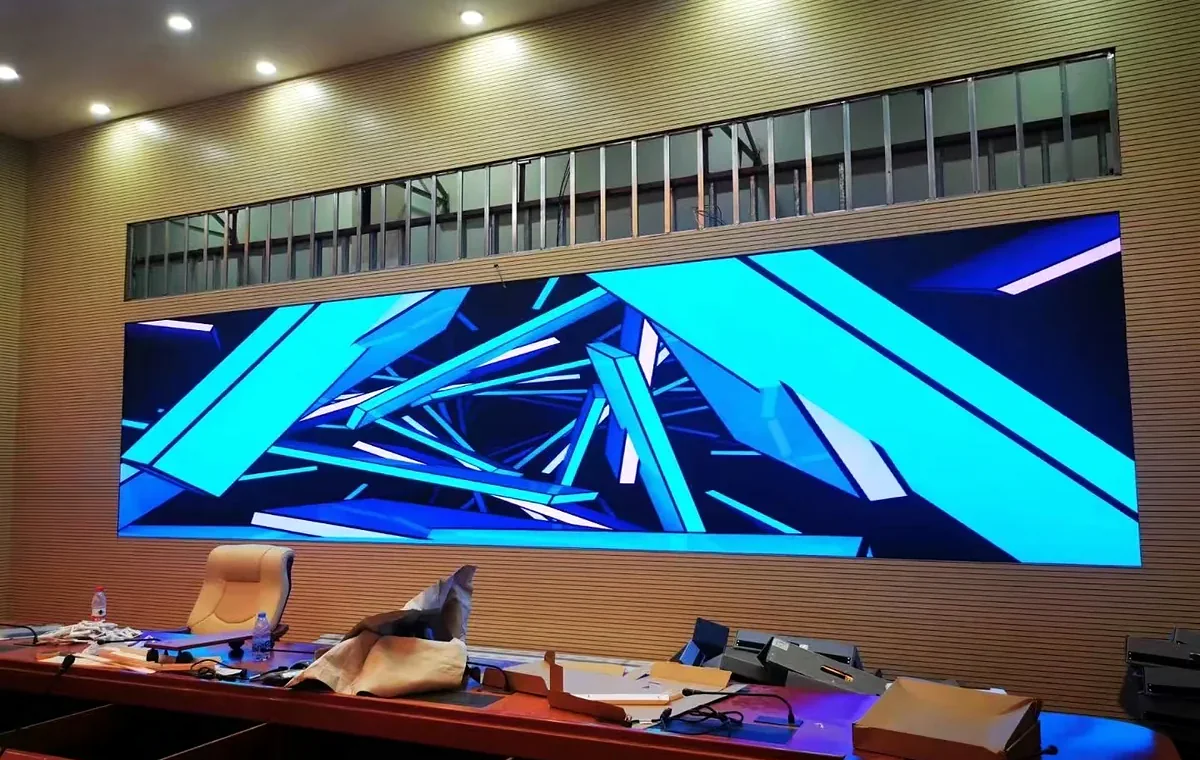 Indoor LED display integrated into a conference room wall