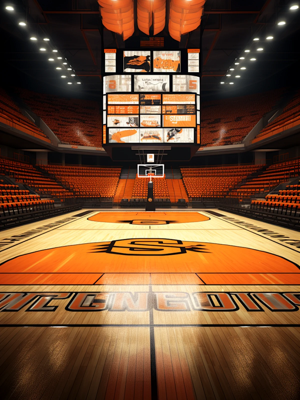 Multi-sided center-hung LED display above a basketball court