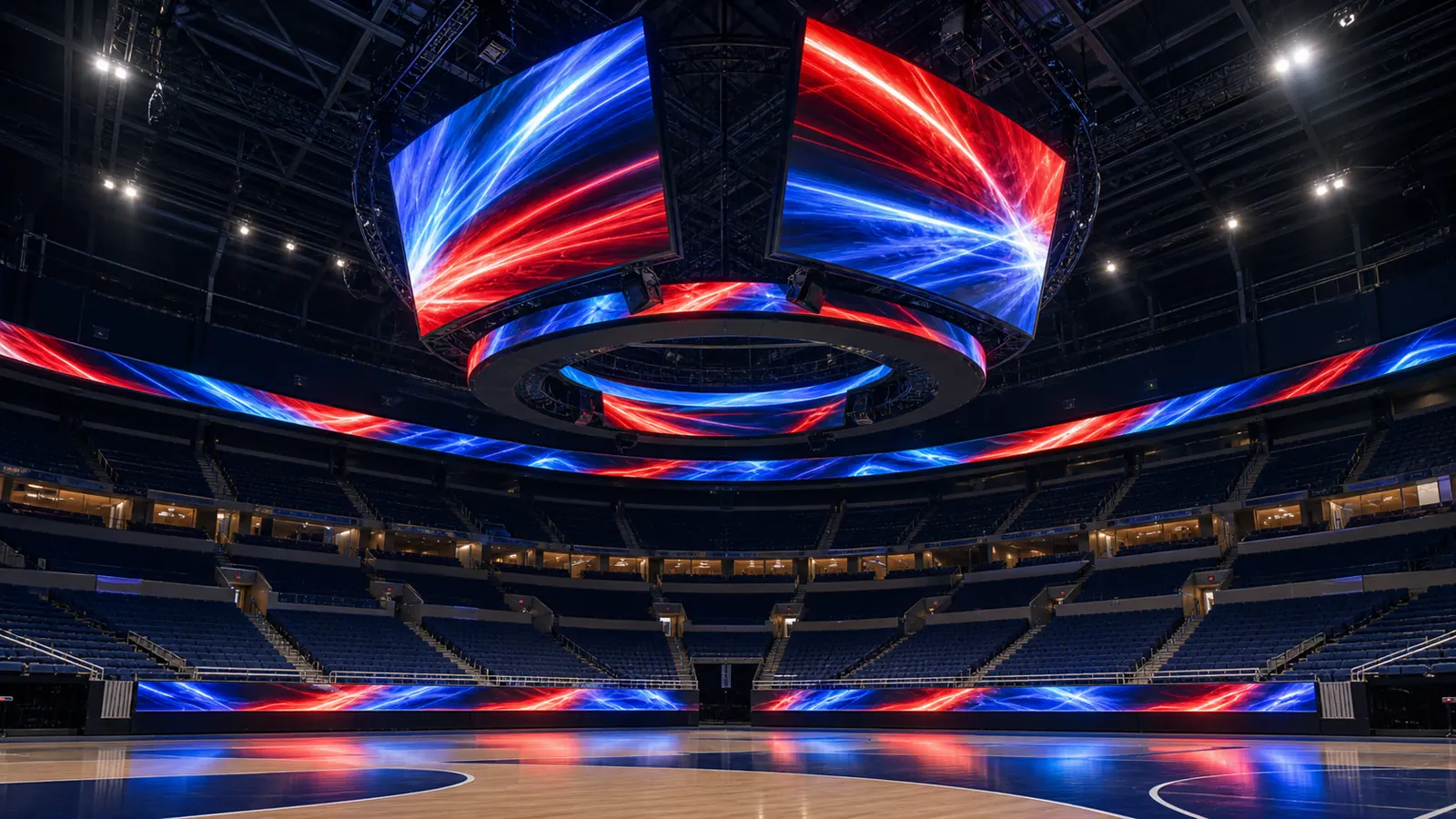 Custom faceted center-hung LED display with circular arena ribbons