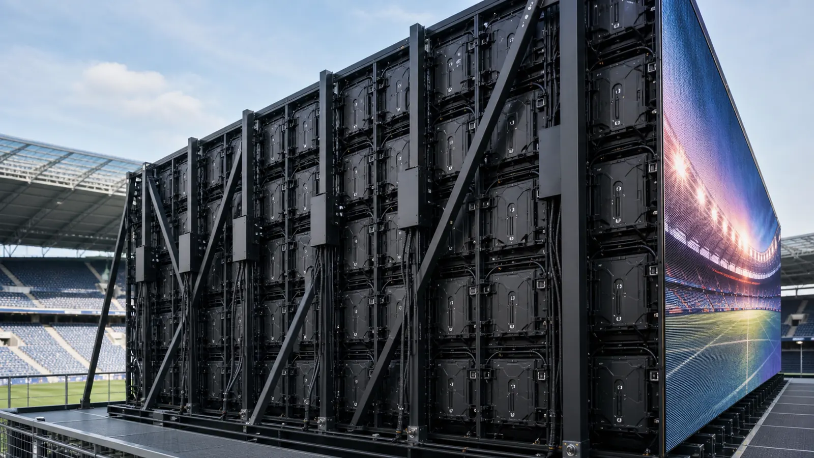 Rear-service structure and modular cabinets behind a giant stadium LED screen
